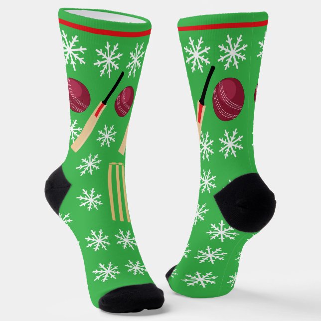 Christmas Cricket Bats Balls Wickets Snowflakes Socks (Angled)