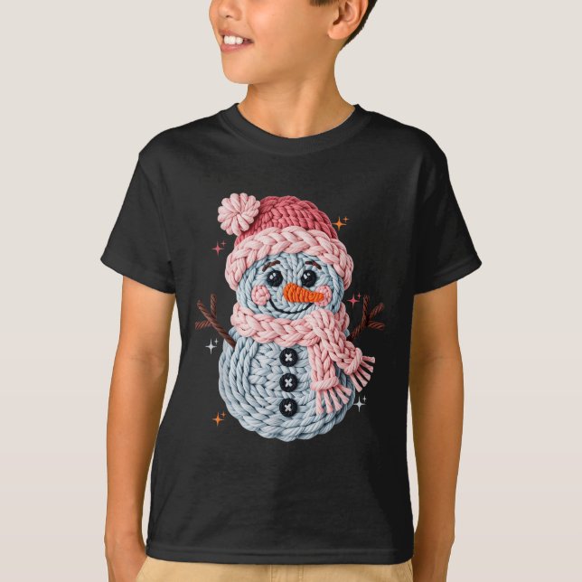 Christmas Crochet Faux Yarn Crochet Snowman Funny  T-Shirt (Front)