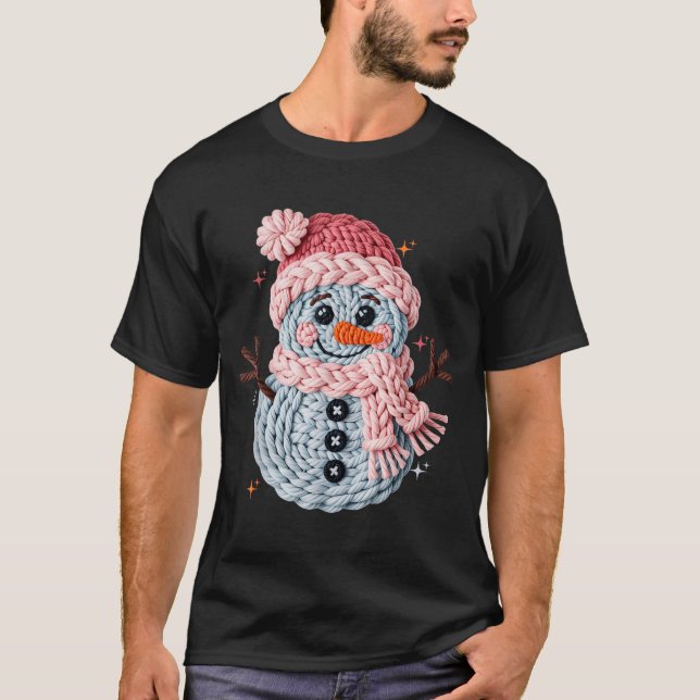 Christmas Crochet Faux Yarn Crochet Snowman Funny  T-Shirt (Front)