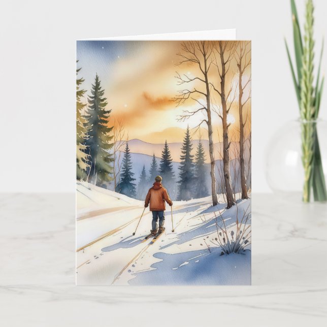 Christmas Cross Country Skier In Winter Woods Card (Front)