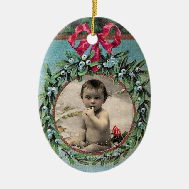 CHRISTMAS CROWN STOCKING,MISTLETOES PHOTO TEMPLATE CERAMIC ORNAMENT (Front)