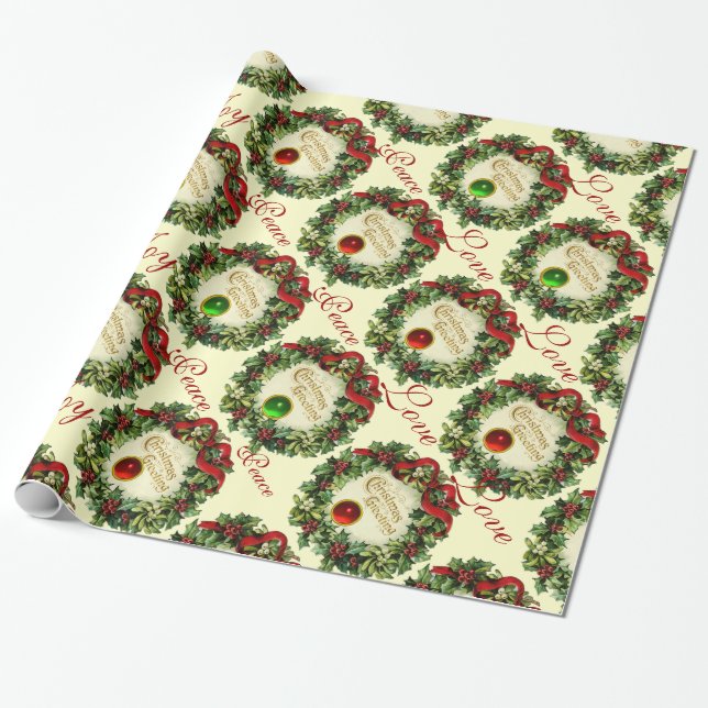 CHRISTMAS CROWN WITH HOLLY BERRIES, JOY PEACE LOVE WRAPPING PAPER (Unrolled)