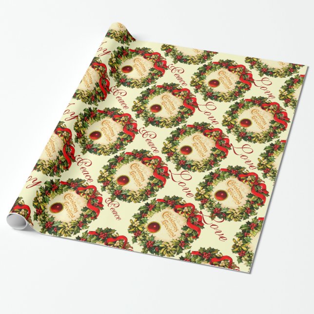 CHRISTMAS CROWN WITH HOLLY BERRIES, JOY PEACE LOVE WRAPPING PAPER (Unrolled)