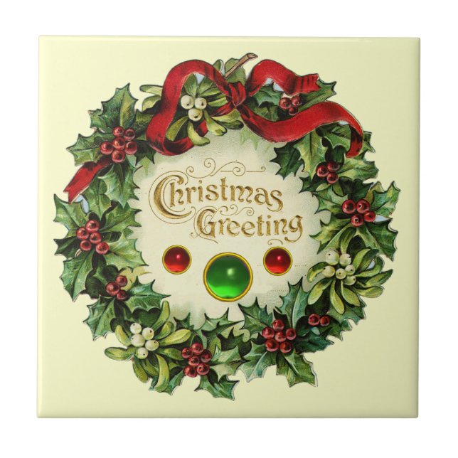 CHRISTMAS CROWN WITH MISTLETOES AND HOLLY BERRIES CERAMIC TILE (Front)