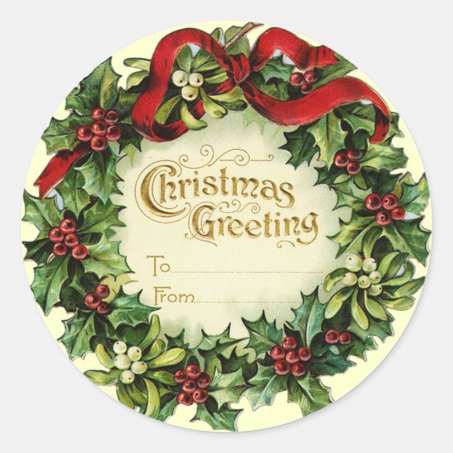 CHRISTMAS CROWN WITH MISTLETOES AND HOLLY BERRIES CLASSIC ROUND STICKER (Front)