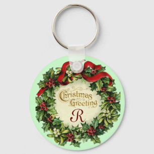 CHRISTMAS CROWN WITH MISTLETOES AND HOLLY BERRIES KEY RING