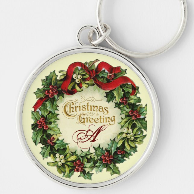 CHRISTMAS CROWN WITH MISTLETOES AND HOLLY BERRIES KEY RING (Front)