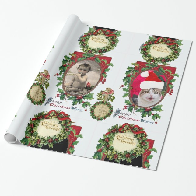 CHRISTMAS CROWNS,BANJO,RED RIBBONS PHOTO TEMPLATE WRAPPING PAPER (Unrolled)