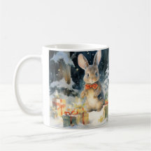 Christmas cup illustrated with cute rabbits