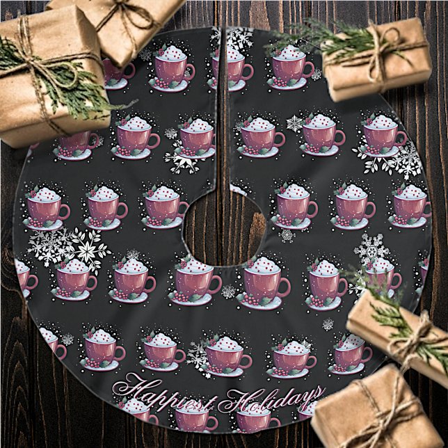 Christmas Cup of Hot Chocolate | Black Brushed Polyester Tree Skirt (Christmas cup of Hot Chocolate Tree Skirt)