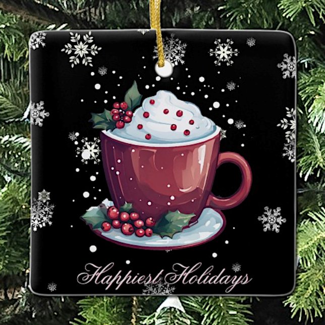 Christmas Cup of Hot Chocolate | Black Ceramic Ornament (Christmas Cup of Hot Chocolate Ceramic Holiday Ornament)