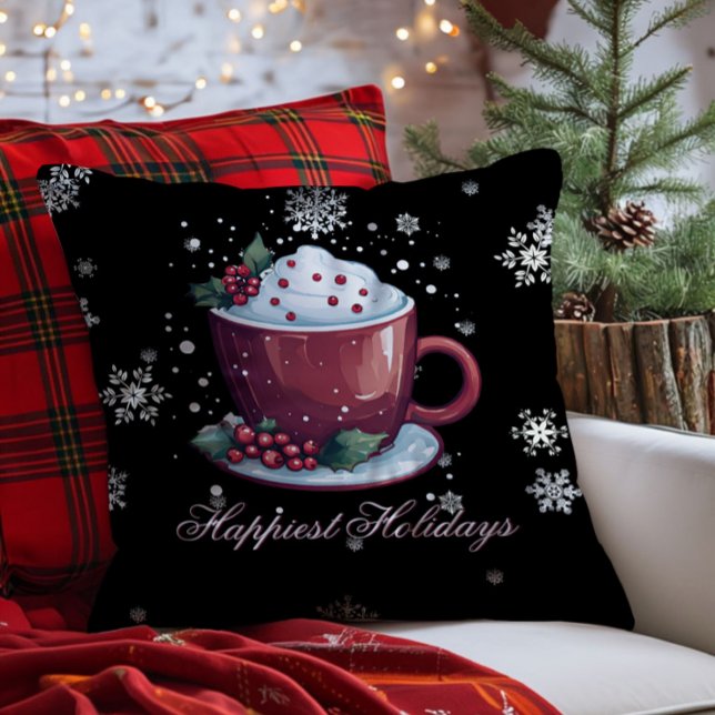 Christmas Cup of Hot Chocolate | Black Cushion (Black Christmas Cup of Hot Chocolate Throw Pillow)