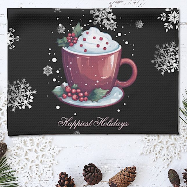 Christmas Cup of Hot Chocolate | Black Tea Towel (Christmas Cup of Hot Chocolate Kitchen Towel)