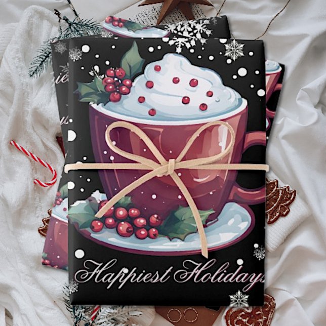Christmas Cup of Hot Chocolate | Black Wrapping Paper Sheet (Christmas Cup of Hot Chocolate Wrapping Paper Sheets)
