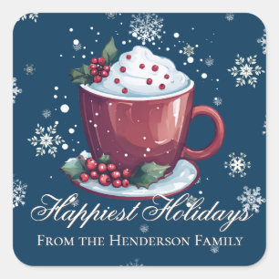 Christmas Cup of Hot Chocolate   Blue Square Sticker
