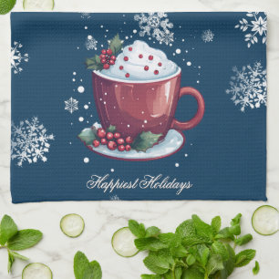 Christmas Cup of Hot Chocolate Blue Tea Towel