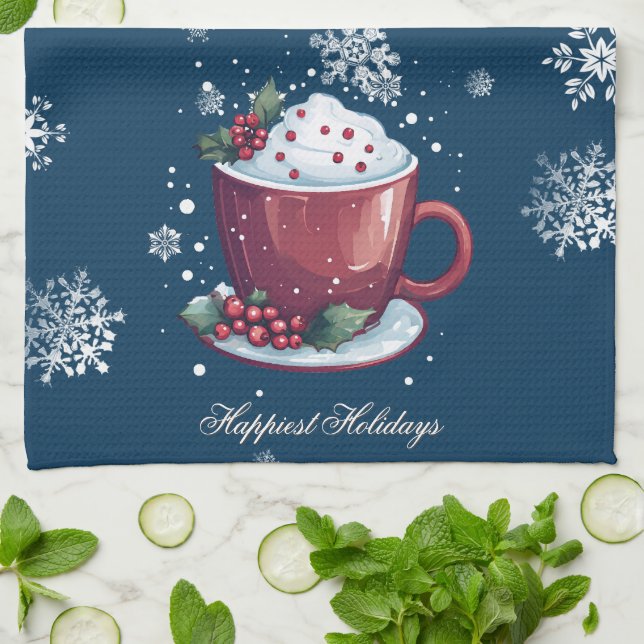 Christmas Cup of Hot Chocolate | Blue Tea Towel (Folded)