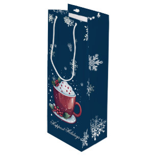 Christmas Cup of Hot Chocolate Blue Wine Gift Bag