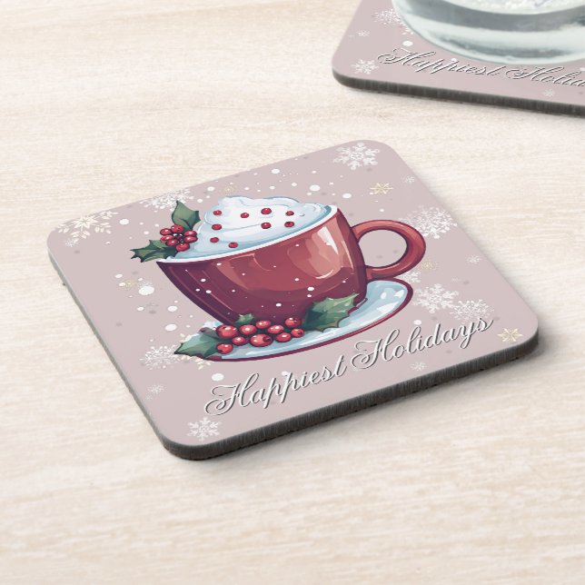 Christmas Cup of Hot Chocolate | Blush Pink Coaster (Left Side)