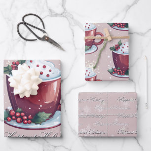 Christmas Cup of Hot Chocolate Blush Pink Wrapping Paper Sheet