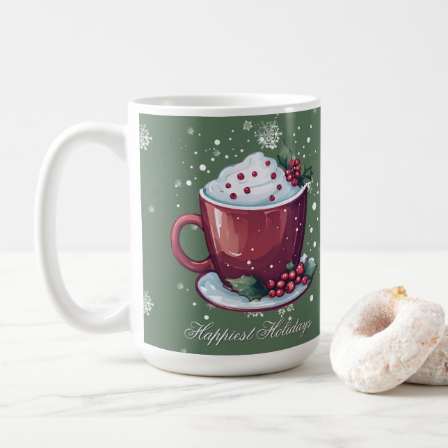 Christmas Cup of Hot Chocolate | Green Coffee Mug (With Donut)