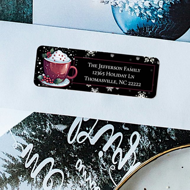 Christmas Cup of Hot Chocolate Personalised Black Return Address Label (Christmas Cup of Hot Chocolate Personalized Address Label)