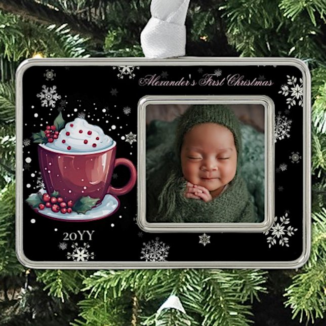 Christmas Cup of Hot Chocolate Photo | Black Silver Plated Framed Ornament (Christmas Cup of Hot Chocolate Baby Photo Ornament)