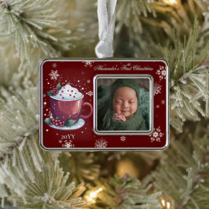 Christmas Cup of Hot Chocolate Photo   Red Silver Plated Framed Ornament