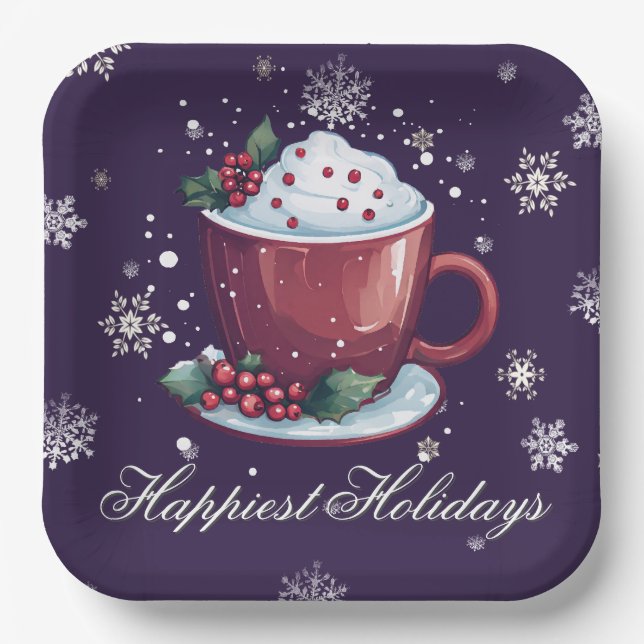 Christmas Cup of Hot Chocolate | Purple Paper Plate (Front)