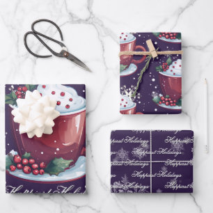 Christmas Cup of Hot Chocolate Purple Wrapping Paper Sheet