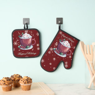 Christmas Cup of Hot Chocolate   Red Oven Mitt & Pot Holder Set