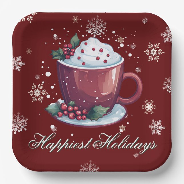 Christmas Cup of Hot Chocolate | Red Paper Plate (Front)