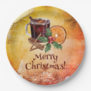 Christmas Cup Orange Holly Berry Cinnamon Greeting Paper Plate