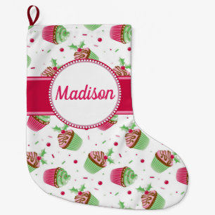 Christmas cupcake design in Christmas colours Large Christmas Stocking