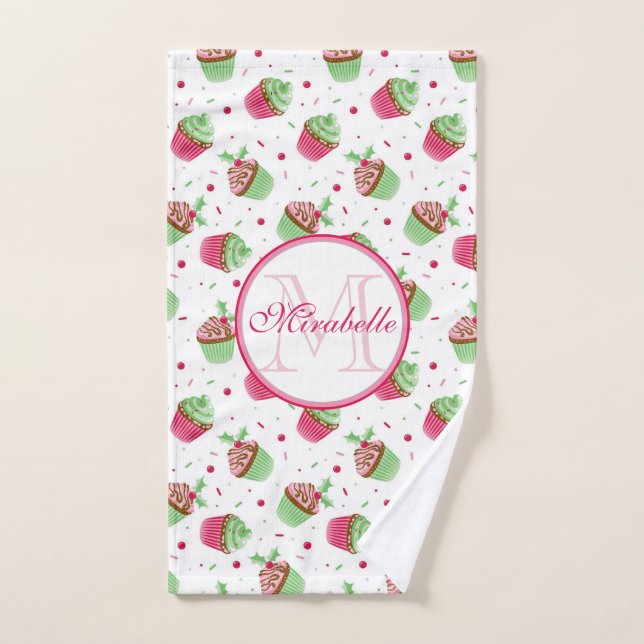 Christmas cupcake design, Name & Monogram Hand Towel (Hand Towel)