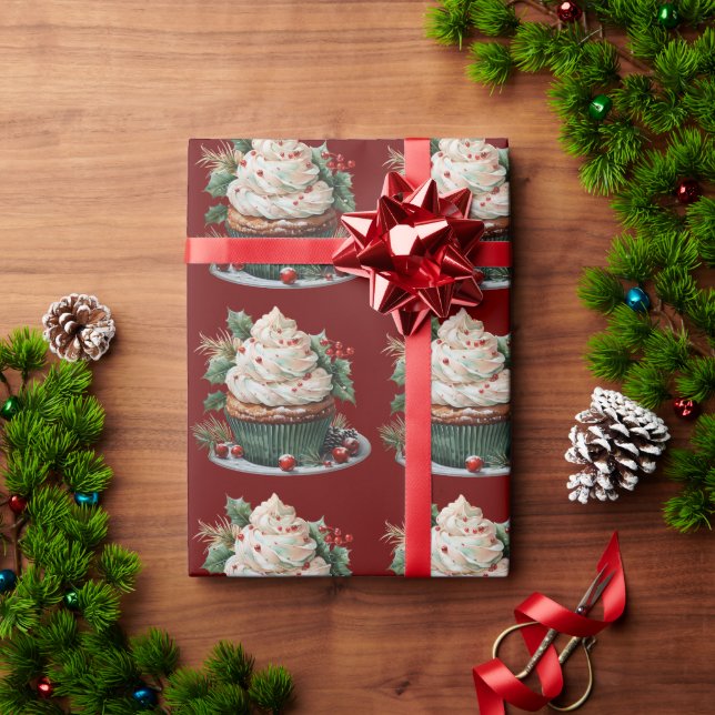 Christmas Cupcake White Frosting Holly Red Berries Wrapping Paper (Holiday Gift)