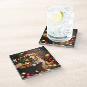 Christmas Curious Dog Glass Coaster