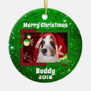 Christmas Custom Dog Pet Photo Name Year Green Ceramic Ornament