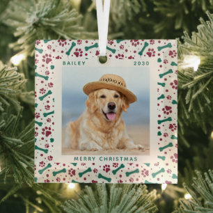 Christmas Custom Dog Photo Cute Paw Prints Pet Glass Tree Decoration