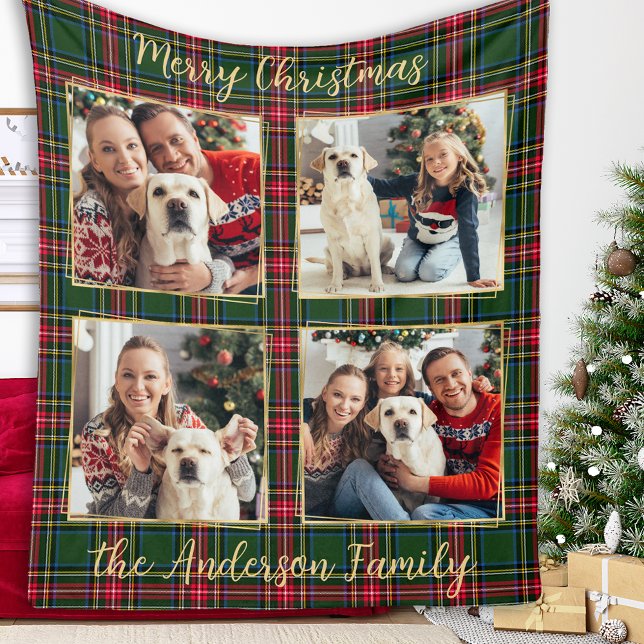 Christmas Custom Family 4 Picture Holiday Plaid  Fleece Blanket (Creator Uploaded)