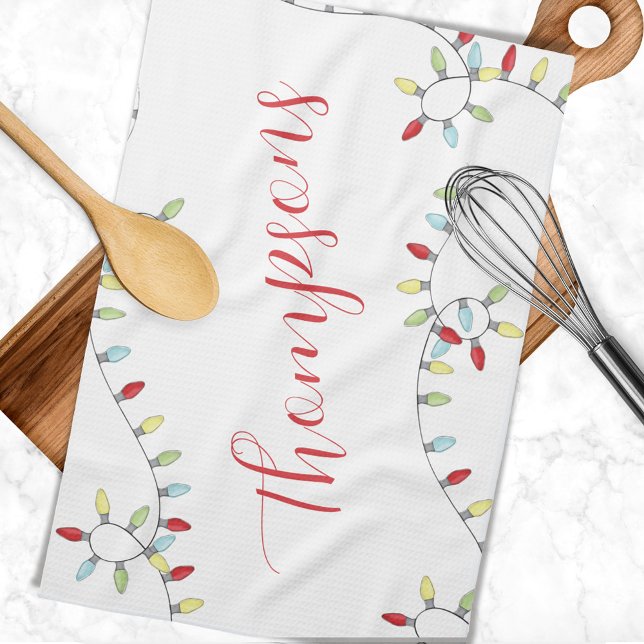 Christmas Custom Family Name String Lights Tea Towel (Whimsical colorful Christmas string light kitchen towel)