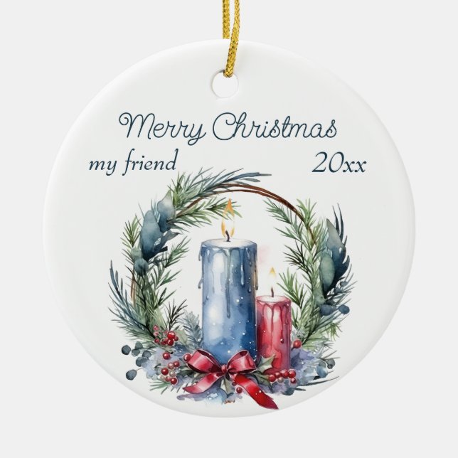 Christmas Custom Friend Candles Wreath Ceramic Ornament (Front)