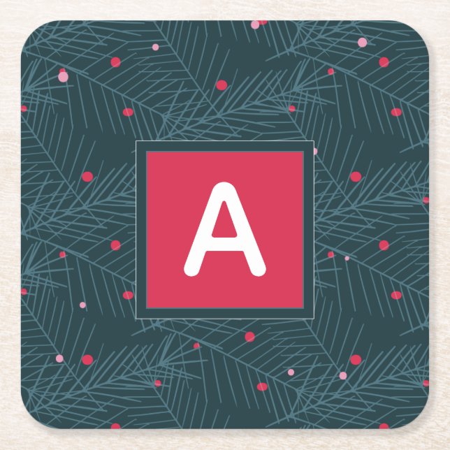 Christmas Custom Monogram Red Green Holiday Square Paper Coaster (Front)