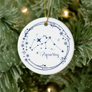 Christmas Custom Name Aquarius Zodiac Sign Blue Ceramic Ornament