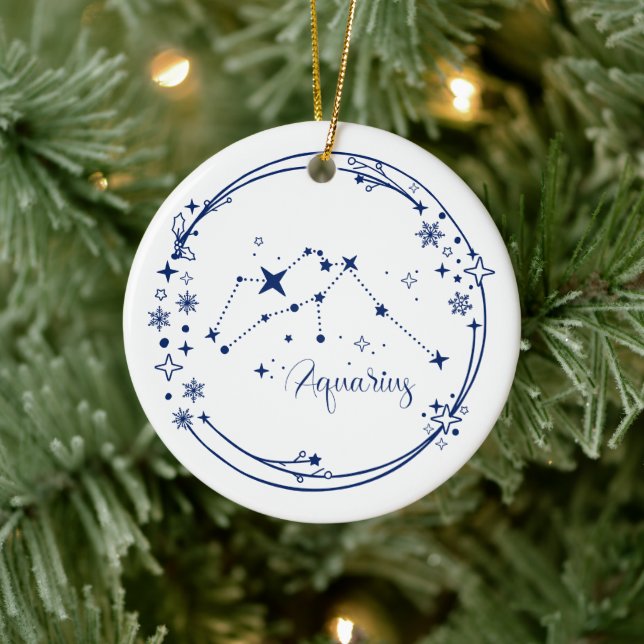 Christmas Custom Name Aquarius Zodiac Sign Blue Ceramic Ornament (Tree)