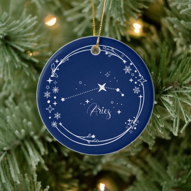 Christmas Custom Name Aries Zodiac Blue Silver Ceramic Ornament (Tree)