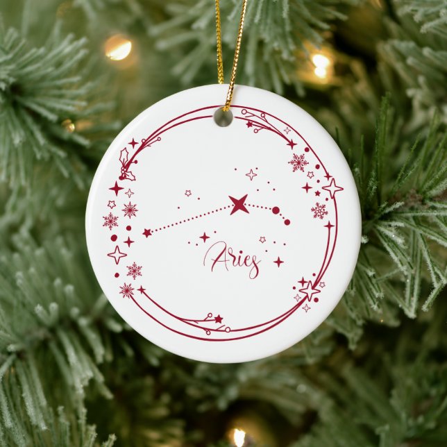 Christmas Custom Name Aries Zodiac Sign Stars Red Ceramic Ornament (Tree)