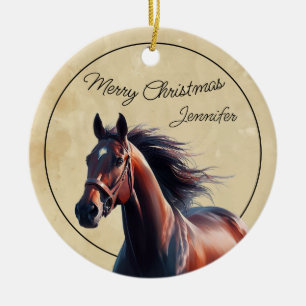 Christmas Custom Name & Date Brown Horse Ceramic Ornament