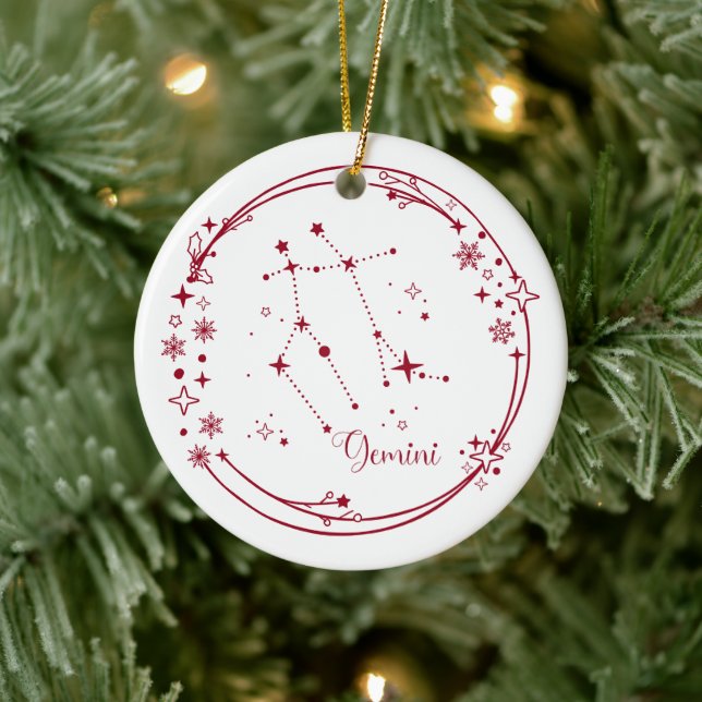 Christmas Custom Name Gemini Zodiac Sign Stars Red Ceramic Ornament (Tree)