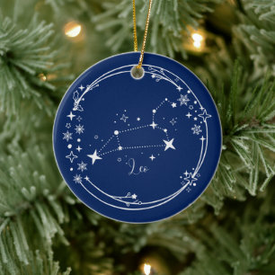 Christmas Custom Name Leo Zodiac Blue Siver Ceramic Ornament